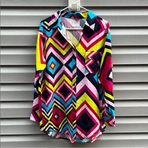Terez Multicolor Geometric Abstract Printed Button Down Long Sleeve Top Medium